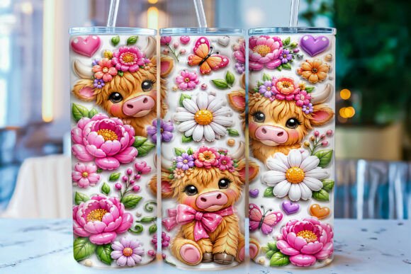 Download Inflated Floral Highland Cow Tumbler PNG - Highland cow tumbler Collection