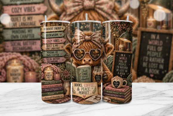 Download Bookworm Highland Cow Tumbler Wrap PNG - Wrap Collection